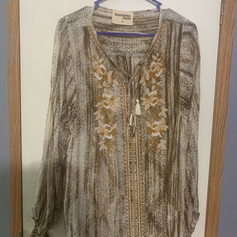 Savanna Jane Olive and Beige Embroidered Peasant Tunic